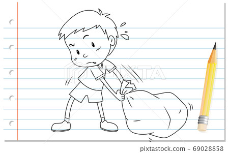 Hand writing of boy pulling bag outline Hand writing of boy pulling bag outline 69028858
