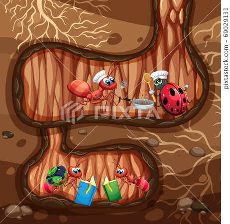 Underground scene with ants reading and cooking 69029131