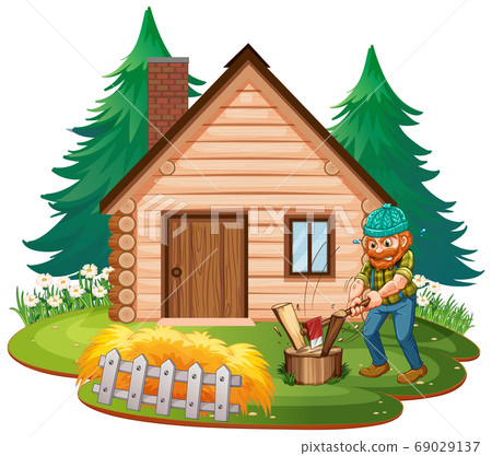 Lumberjack cutting wood in front of house Lumberjack cutting wood in front of house 69029137