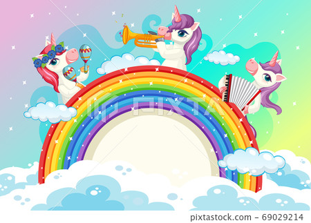 Blank banner with cute unicorns in the pastel sky 69029214