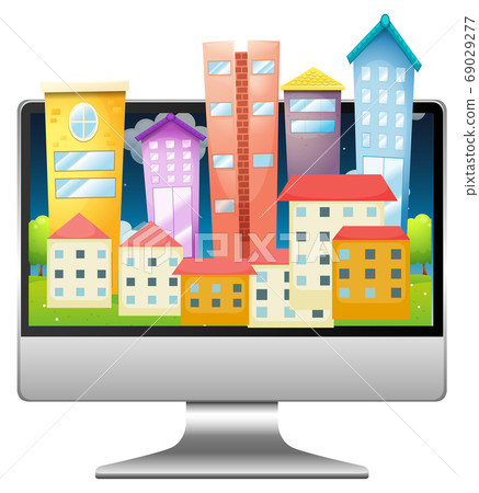 Urban city on computer screen desktop 69029277
