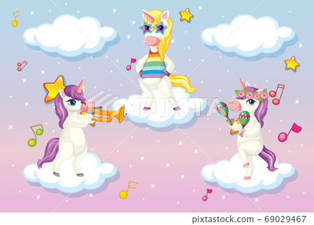 Three cute unicorn or pegasus standing on clouds Three cute unicorn or pegasus standing on clouds 69029467