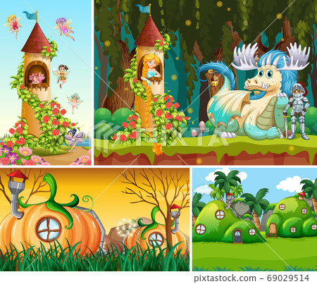 Four different scene of fantasy world with 69029514