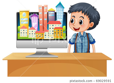 Urban city on computer screen desktop 69029591