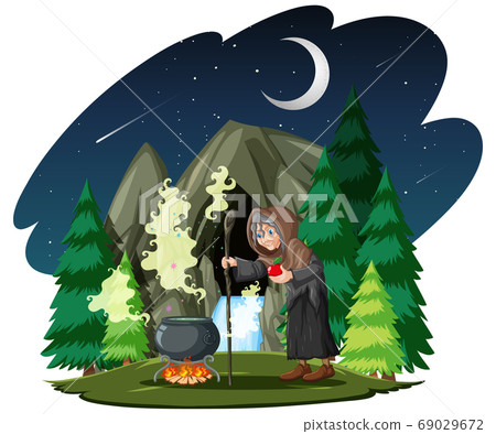 Wizard or witch with magic pot on dark forest Wizard or witch with magic pot on dark forest 69029672