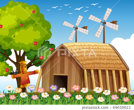Farm in nature scene with barn and scarecrow and - Stock Illustration ...
