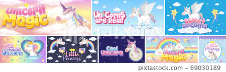Cute unicorn banner on pastel background color Cute unicorn banner on pastel background color 69030189