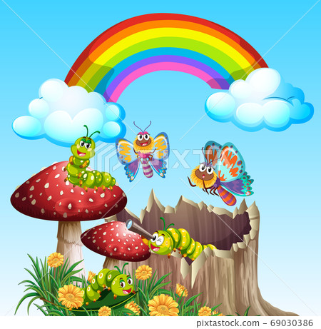 Butterflies and worms living in the garden scene - Stock Illustration ...