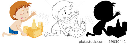 Boy building sand castle with its outline and Boy building sand castle with its outline and 69030441
