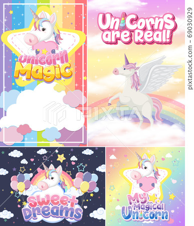 Cute unicorn banner on pastel background color 69030929