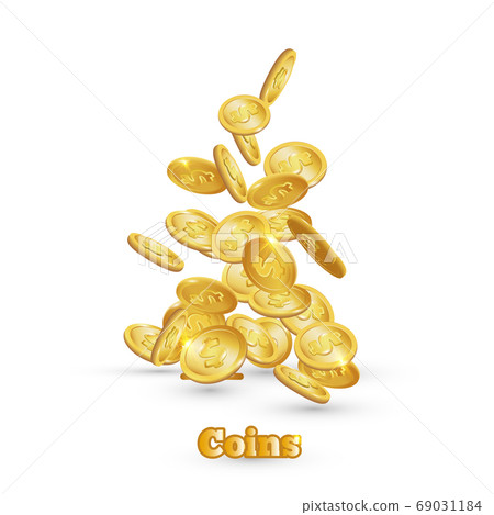 Gold coins falling down. Coin icon with shadows. 69031184