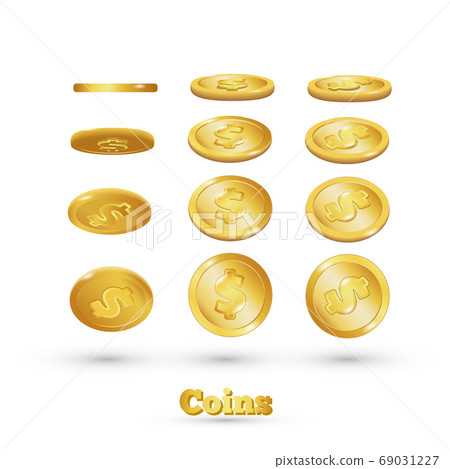 Gold coins falling, isolated on white in different 69031227