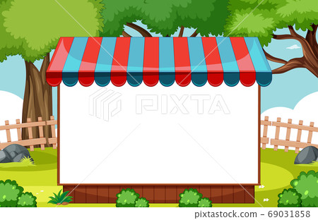 Blank banner with awning in nature park scene Blank banner with awning in nature park scene 69031858