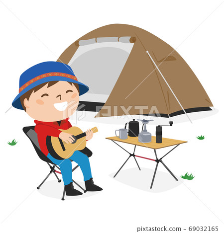 Illustration of a man wearing a tent and camping alone. Illustration of a man wearing a tent and camping alone. 69032165