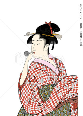 New Year's card Kitagawa Utamaro Woman blowing a poppin White back 69032926