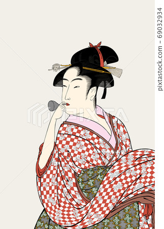 New Year's card Kitagawa Utamaro Woman blowing poppins 69032934