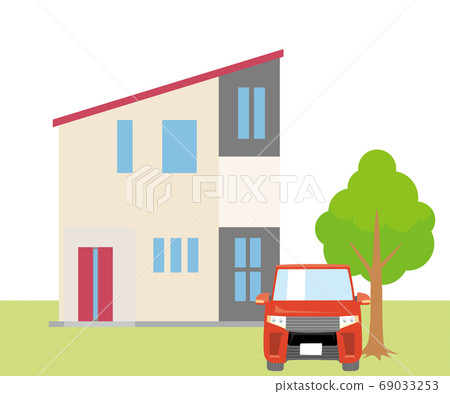 Detached house, single house illustration (two-story) and car, plant, lawn background_my home, wooden house_vector data 69033253