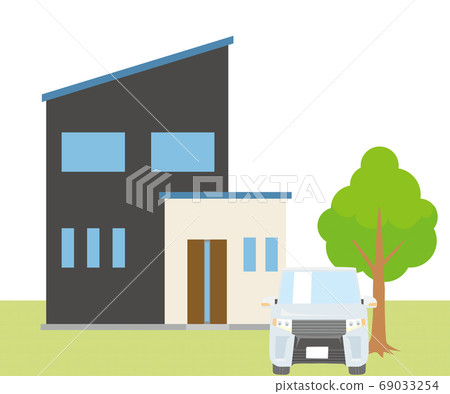 Detached house, single house illustration (two-story) and car, plant, lawn background_my home, wooden house_vector data 69033254