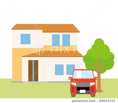 Detached house, single house illustration (two-story) and car, plant, lawn background_my home, wooden house_vector data 69033255