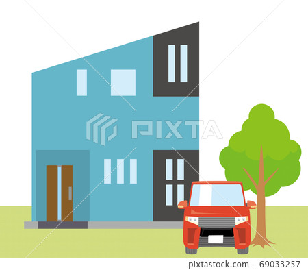 Detached house, single house illustration (two-story) and car, plant, lawn background_my home, wooden house_vector data 69033257