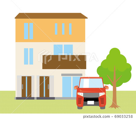 Single-family, single-house illustration (three-story two-family house) and car, plant lawn background _ my home, vector data 69033258