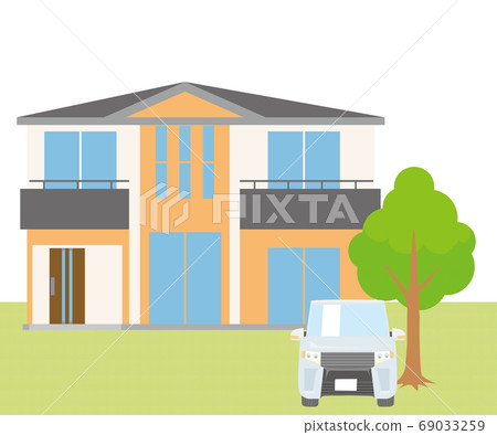 Single-family, single-family illustration (two-story) and plant, car, lawn background_my home, wooden house_vector data 69033259