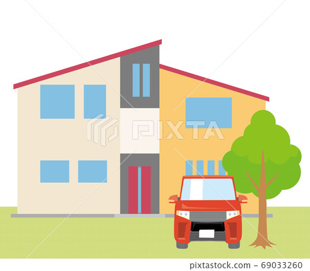 Single-family, single-family illustration (two-story) and plant, car, lawn background_my home, wooden house_vector data 69033260