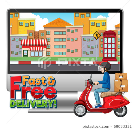 Computer with bike man or courier and fast and Computer with bike man or courier and fast and 69033331