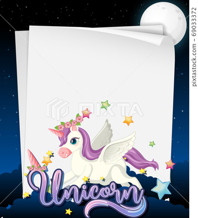 Blank paper banner with cute unicorn in night sky Blank paper banner with cute unicorn in night sky 69033372