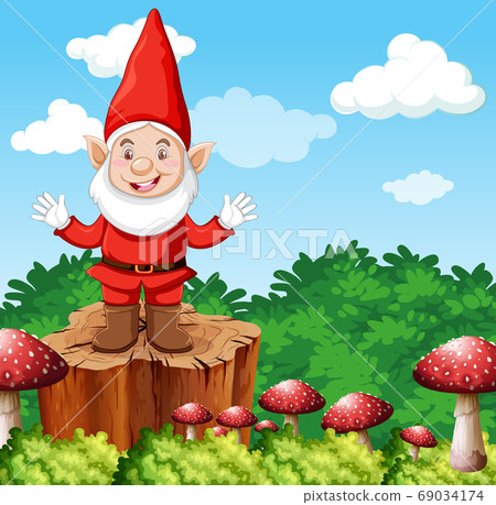 Gnome standing on stumpwith mushroom on garden Gnome standing on stumpwith mushroom on garden 69034174