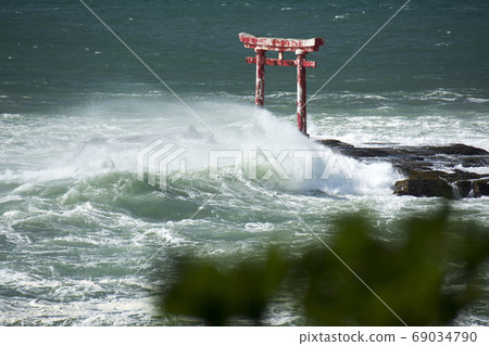 Awa Katsuura Tomisaki Shrine Underwater Torii and Rough Waves 69034790