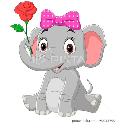Cute baby elephant girl sitting with a flower - Stock Illustration ...