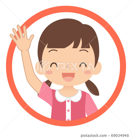 Icon of a girl who smiles and raises her hands and answers 69034948