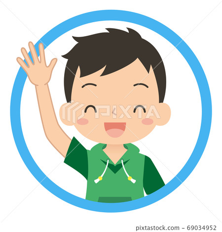 一個男孩,微笑著,舉起他的手和答案的圖標 一個男孩,微笑著,舉起他的手和答案的圖標 69034952