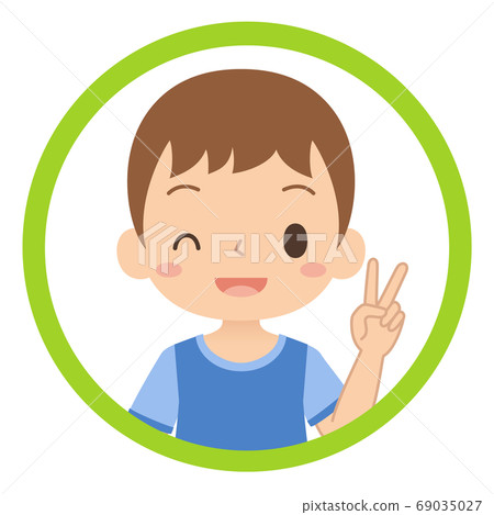 Icon illustration of a boy making a peace sign with a smile, child illustration Icon illustration of a boy making a peace sign with a smile, child illustration 69035027