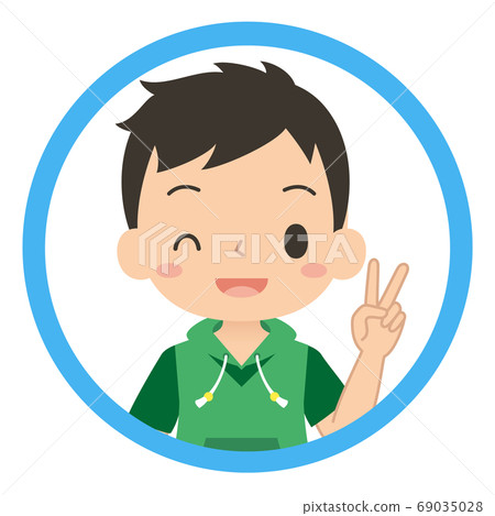 Icon illustration of a boy making a peace sign with a smile, child illustration Icon illustration of a boy making a peace sign with a smile, child illustration 69035028