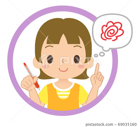 Icon of a girl smiling with a red pen and having an answer Icon of a girl smiling with a red pen and having an answer 69035160