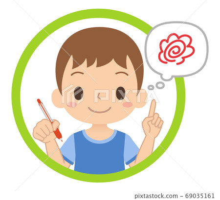 Icon of a boy who smiles and holds a red pen to answer questions Illustration of a child 69035161