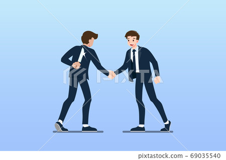 Two Businessmen standing and shake hands each other for cooperation and make a deal. But the first one is holding knife behind his back and ready to betrayal. 69035540