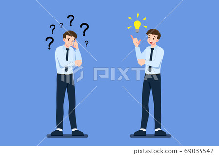 Thoughtful businessman character with crossed arm have a question. But another business worker have a big idea with lightbulb. Different way show what thinking they are in business concept. Thoughtful businessman character with crossed arm have a question. But another business worker have a big idea with lightbulb. Different way show what thinking they are in business concept. 69035542