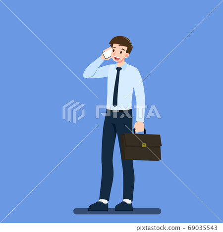 Happy confident businessman character is talking on the mobile phone. Business people speaking on smart phone and standing against isolated blue background. Vector illustration in cartoon style. Happy confident businessman character is talking on the mobile phone. Business people speaking on smart phone and standing against isolated blue background. Vector illustration in cartoon style. 69035543