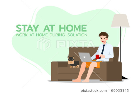 Young business man is sitting and working with laptop on the sofa at home with his dog. Online job in social for safety and to protect him from Corona virus. Vector illustration flat design. Young business man is sitting and working with laptop on the sofa at home with his dog. Online job in social for safety and to protect him from Corona virus. Vector illustration flat design. 69035545