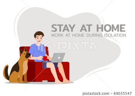 Young business man is sitting and working with laptop on the sofa at home with his dog. Online job in social for safety and to protect him from Corona virus. Vector illustration flat design. Young business man is sitting and working with laptop on the sofa at home with his dog. Online job in social for safety and to protect him from Corona virus. Vector illustration flat design. 69035547