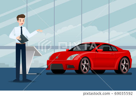 A happy businessman, salesman is standing and present his luxury car that parked in the show room.Vector illustration design. A happy businessman, salesman is standing and present his luxury car that parked in the show room.Vector illustration design. 69035592