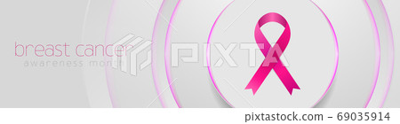 Breast cancer awareness month. Neon circles background and pink ribbon tape Breast cancer awareness month. Neon circles background and pink ribbon tape 69035914