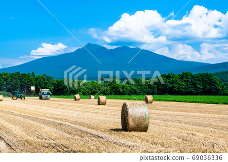 Rural scenery of Shari Town, Hokkaido (Mt. Shari and straw rolls) Rural scenery of Shari Town, Hokkaido (Mt. Shari and straw rolls) 69036336