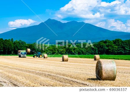 北海道斜里鎮的鄉村風光（斜里山和稻草卷） 69036337