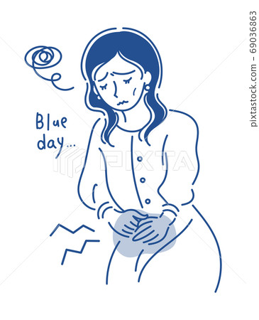 Illustration of a woman suffering from menstrual pain (line drawing, blue, 1c) 69036863