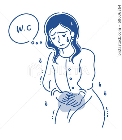 想去洗手間的女人的插圖(線條畫,藍色,1c) 想去洗手間的女人的插圖(線條畫,藍色,1c) 69036864