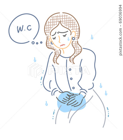 Illustration of a woman who wants to go to the bathroom (line drawing) 69036994